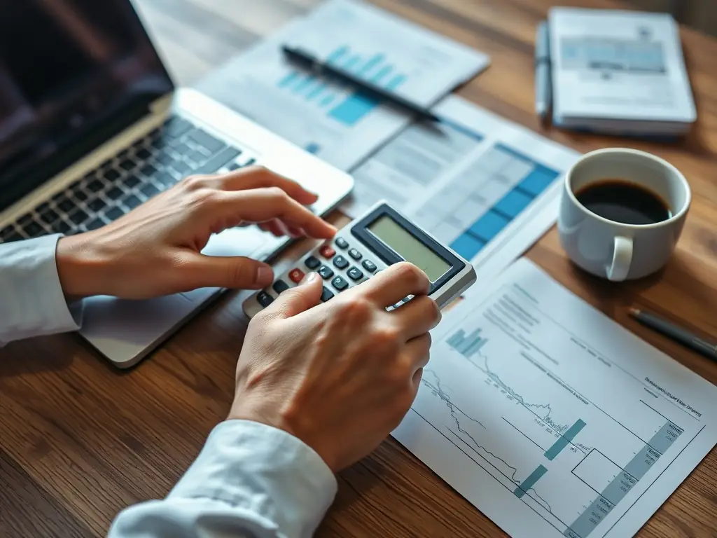 A person using a budget calculator on a laptop, with Swedish currency and financial documents nearby, symbolizing financial planning in Sweden.