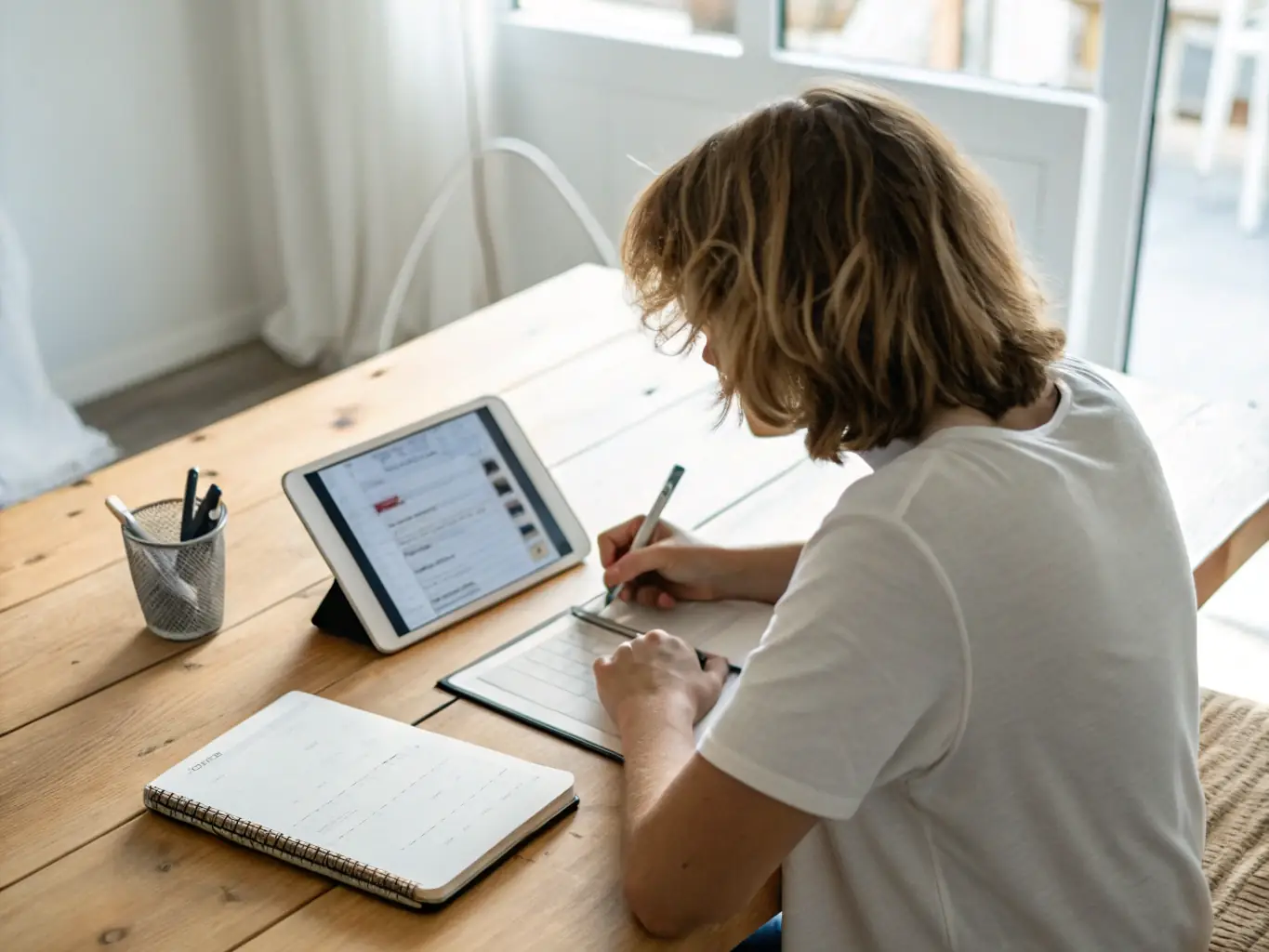 A person reviewing retirement planning documents with a tablet displaying financial projections, set in a modern Swedish home, illustrating retirement planning in Sweden.